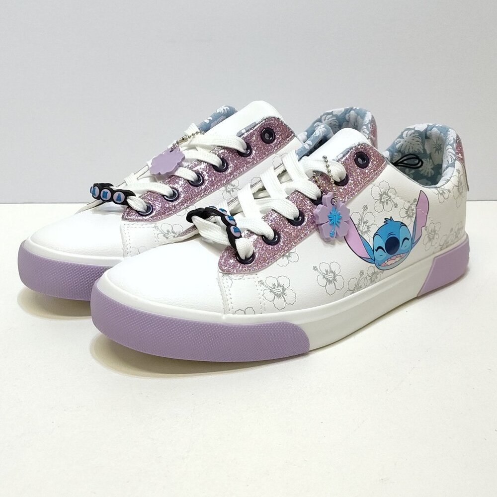 Disney Stitch Low Top Sneakers Womens 9.5 Lace-Up Glitter Accents Charm Keychain